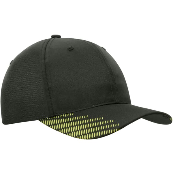 A black cap with a breathable poly twill material and peak flash print in neon yellow. Features a logo.