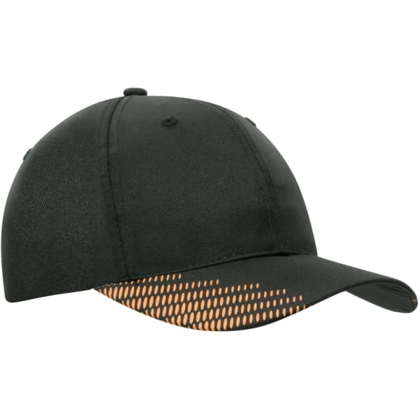 A black cap made of breathable poly twill, featuring an orange peak flash print design and a logo.