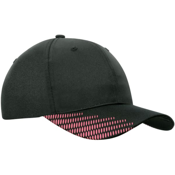 A black cap featuring a peak with pink flash print and a logo on the side.