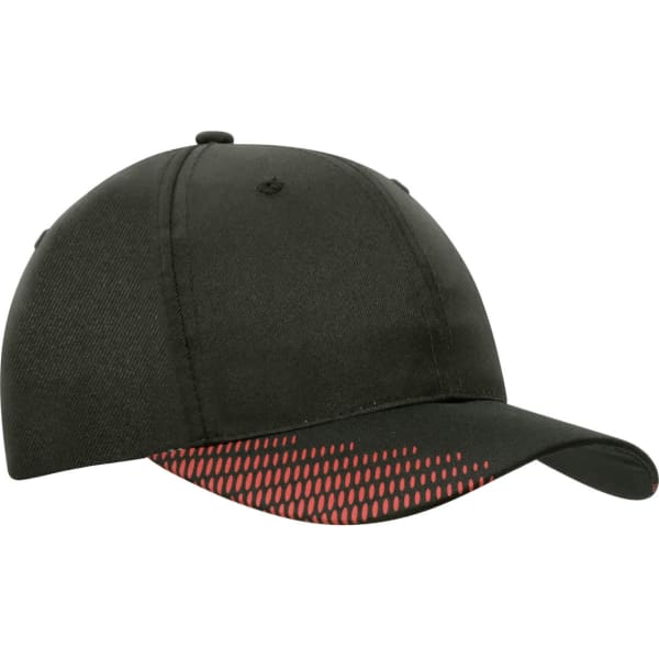 A black cap featuring a peak with red flash print design and a logo on the side.