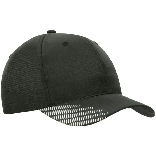 A black cap made of breathable poly twill, featuring a peak with flash print design and a logo.