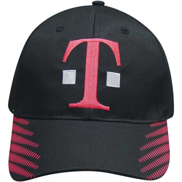 A black cap with a pink logo and striped accents, featuring a breathable poly twill material.