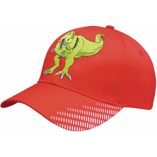 A red cap featuring a green embroidered dinosaur design with breathable mesh panels. The cap also has a logo.