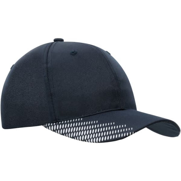 A dark navy cap featuring breathable poly twill fabric and a peak with a flash print design. It has a logo.