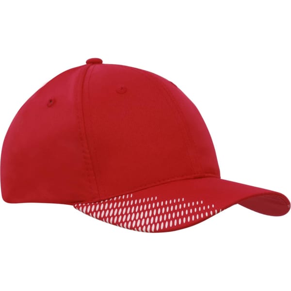 A red cap featuring breathable poly twill fabric and a peak with flash print. Includes a logo on the side.