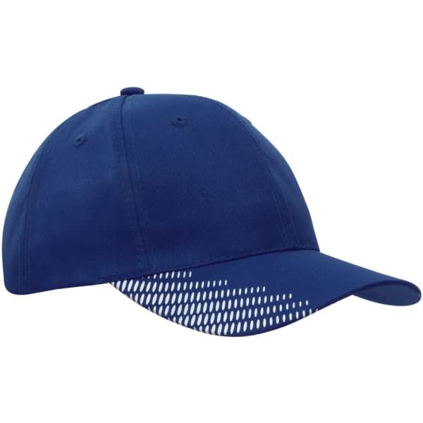A blue cap with a breathable poly twill fabric and a peak featuring a flash print design, including a logo.
