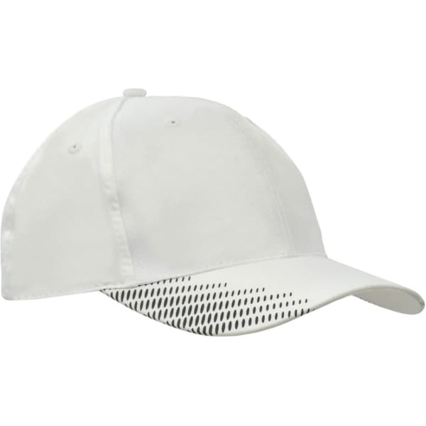 A white cap featuring a breathable poly twill material and peak flash print design, with a logo.