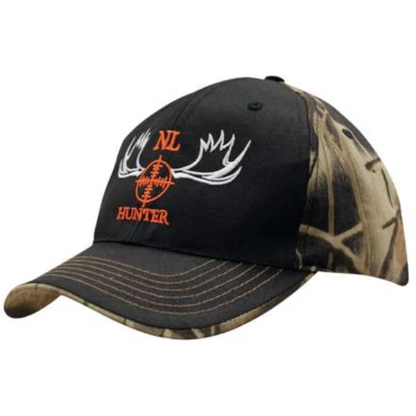 A cap featuring leaf print camouflage sides and a plain black front, with a logo and antler design.