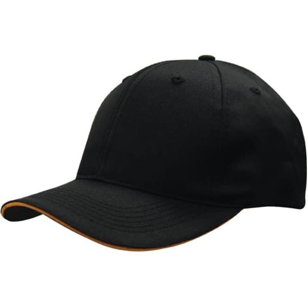 A black cap with a sandwich visor design and a logo on the front. Suitable for headwear.