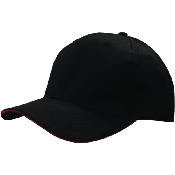 A black cap with a red sandwich brim, featuring a logo on the front. Made from breathable poly twill material.