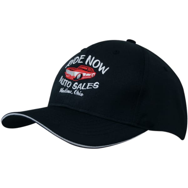 A black cap with a sandwich trim and an embroidered logo featuring a red car and text.