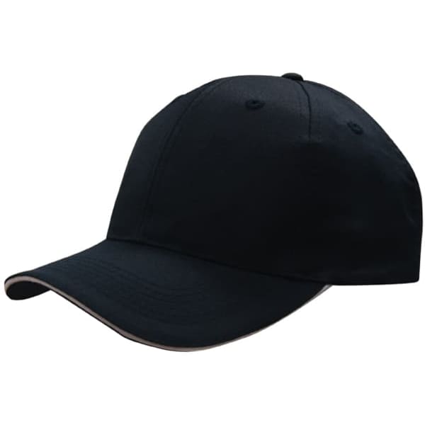 A black cap made from breathable poly twill with a sandwich visor, featuring a logo on the front.