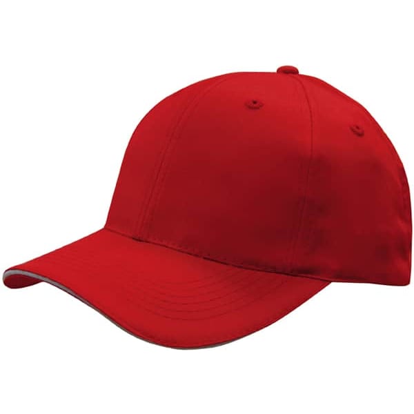 A red cap made from breathable poly twill with sandwich detailing, featuring a logo on the front.