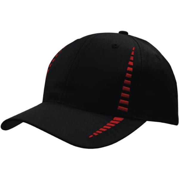 A black cap featuring small red check patterning and a branded logo on the front.