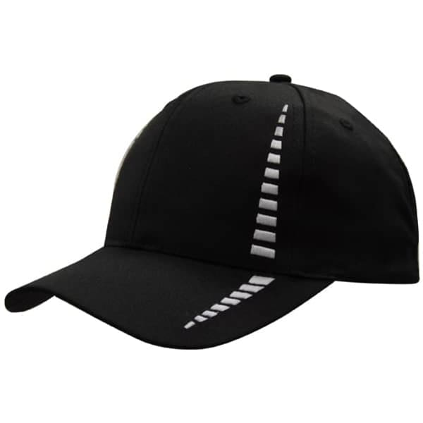 A black cap featuring a breathable poly twill fabric and a small check pattern, with a logo on the front.