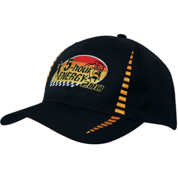 A black cap featuring a logo and an embroidered design in orange, with racing-themed accents.