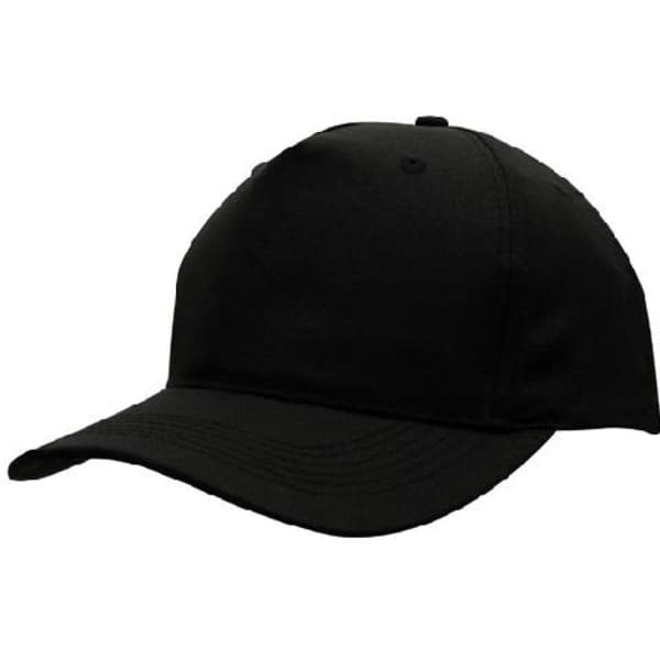 A black breathable poly twill cap with a curved brim and a fitted design. It features a logo on the front.