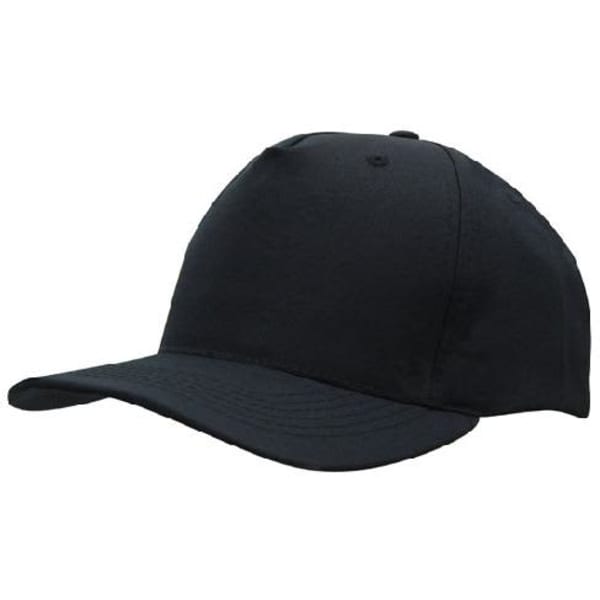 A black breathable poly twill cap with a structured crown and a curved brim, featuring a logo on the side.