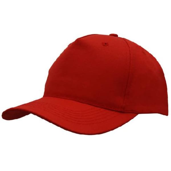 A red breathable poly twill cap with a curved brim and a logo on the front.