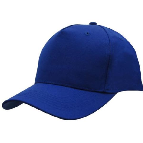 A blue breathable poly twill cap with a rounded crown and curved brim, featuring a logo on the front.
