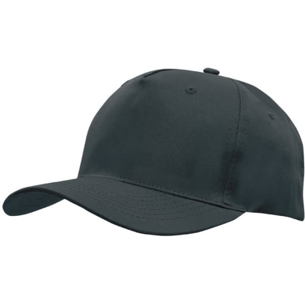 A dark grey cap made from breathable poly twill, featuring a curved brim and a structured design.