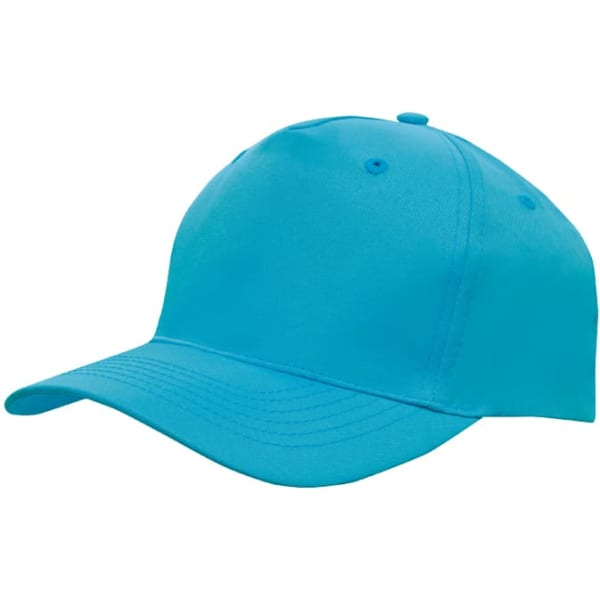 A vibrant turquoise cap made from breathable poly twill, featuring a logo on the front.