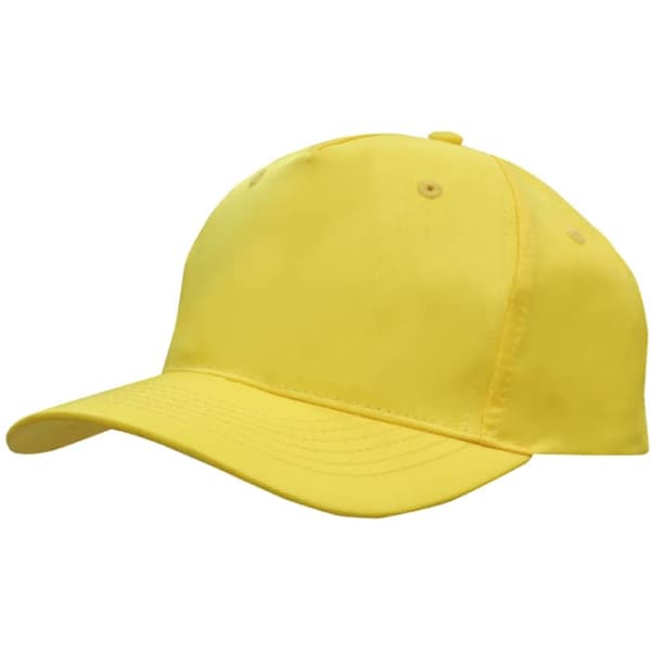 A yellow cap made from breathable poly twill fabric, featuring a curved peak and ventilation eyelets.