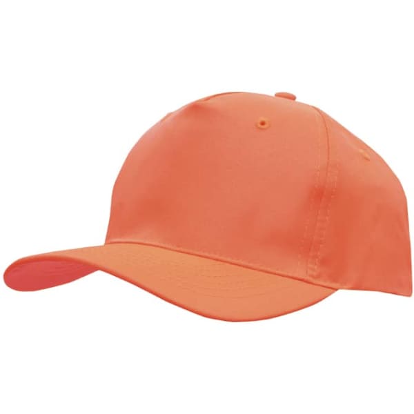 An orange breathable poly twill cap featuring a curved brim and a logo on the side.