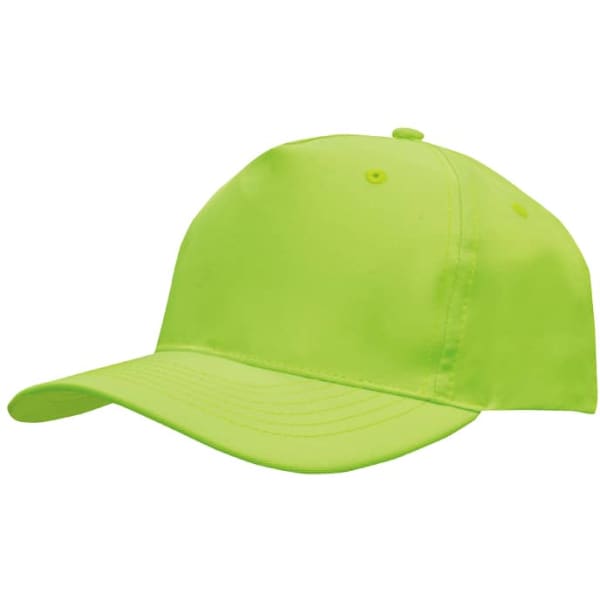 A neon green cap made from breathable poly twill, featuring a curved brim and an adjustable strap at the back.