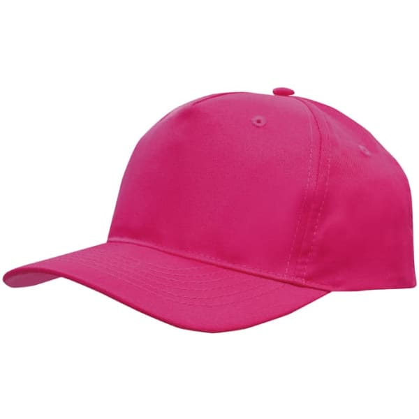 A pink cap made of breathable poly twill with a curved brim and a logo on the front.