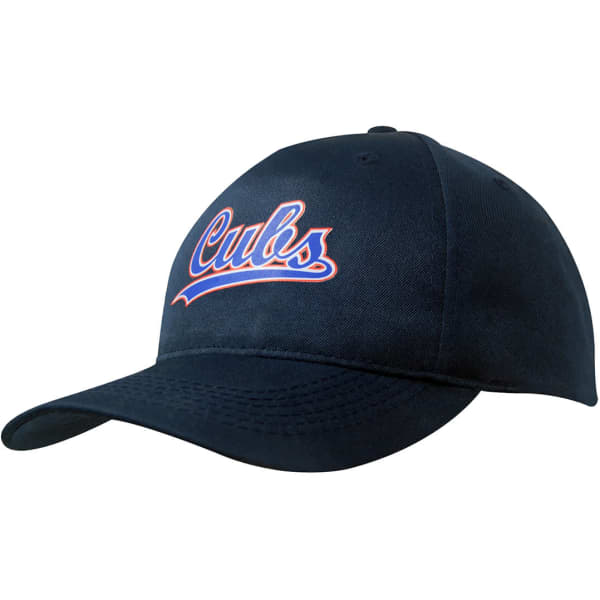 A navy breathable poly twill cap featuring an embroidered logo. The cap has a curved brim and an adjustable back.