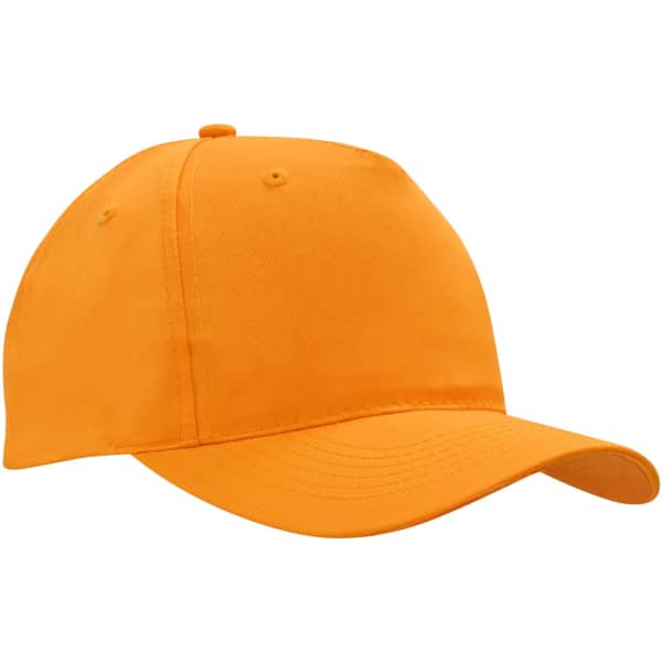 An orange breathable poly twill cap with a curved peak and subtle branding.