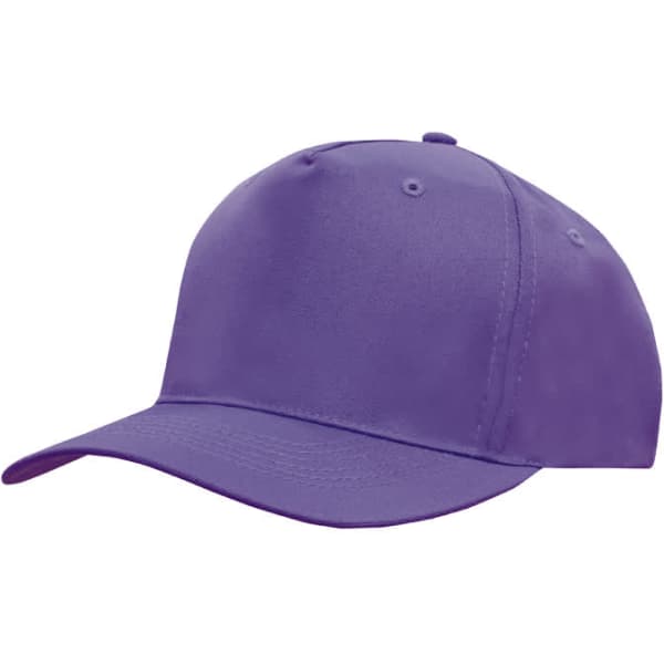 A purple breathable poly twill cap featuring a curved peak and an adjustable strap, with a logo on the side.