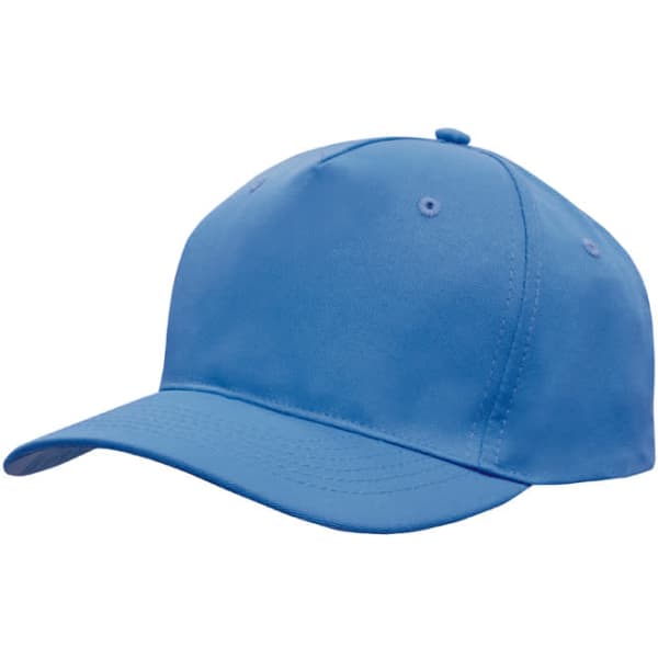 A blue breathable poly twill cap featuring a curved brim and ventilation eyelets, with a logo on the front.
