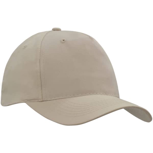 A beige breathable poly twill cap with a curved brim and six-panel structure. Features a logo on the front.