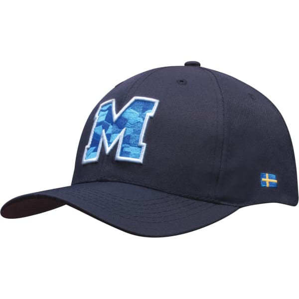 A navy blue breathable poly twill cap featuring a large embroidered letter 'M' and a small logo.