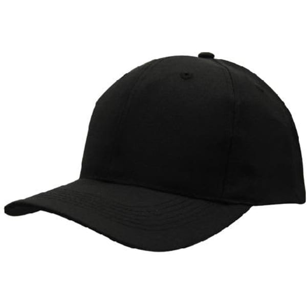 A black breathable poly twill cap with a curved brim and a fitted design. Features a logo on the side.