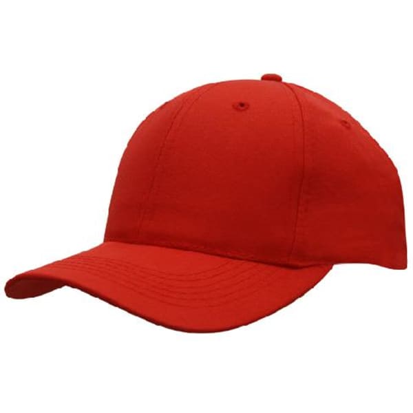 A red breathable poly twill cap with a curved peak and an adjustable strap at the back. Features a logo.