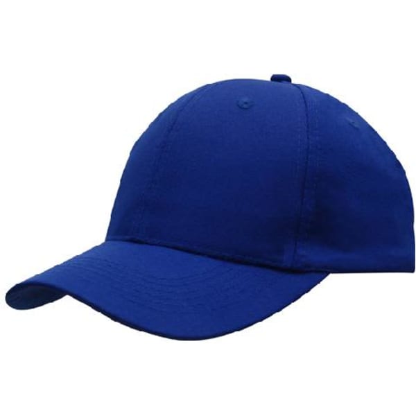 A blue breathable poly twill cap with a curved peak and stitching details. It features a logo on the front.