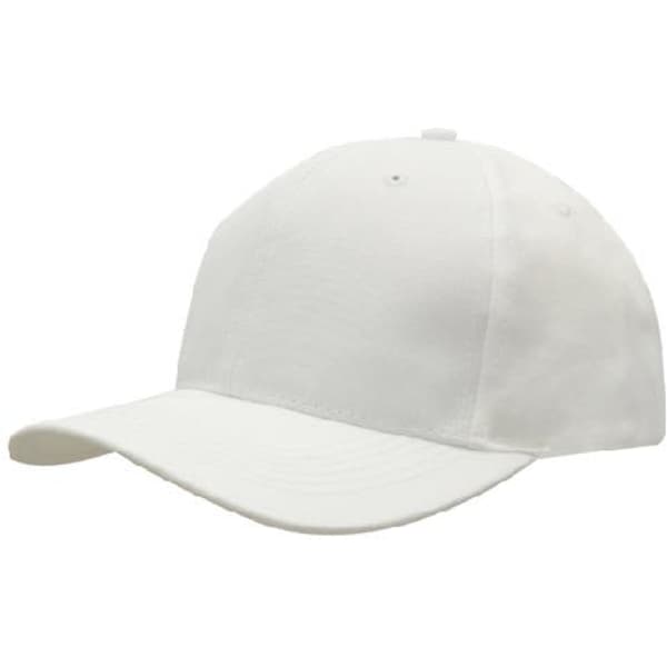 A white breathable poly twill cap with a curved brim and an adjustable back. Features a logo on the front.