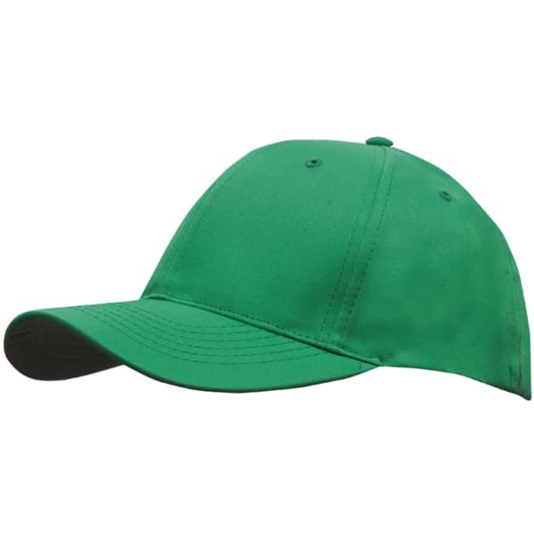 A green breathable poly twill cap with a curved brim and a structured silhouette. Features a logo on the side.