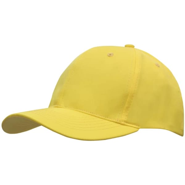 A yellow breathable poly twill cap with a curved brim and a logo on the front.