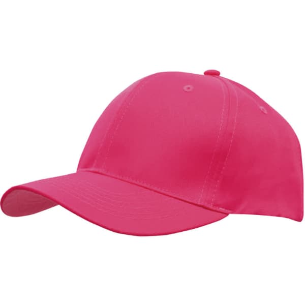 A pink breathable poly twill cap featuring a curved brim and a logo on the front.
