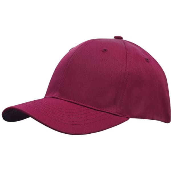 A maroon cap made from breathable poly twill, featuring a curved brim and one logo on the side.