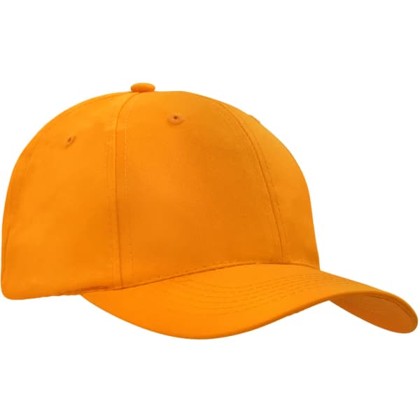 A bright orange cap made from breathable poly twill fabric, featuring a curved brim and a logo.