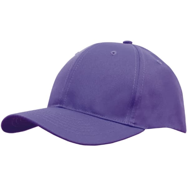 A purple breathable poly twill cap featuring a curved brim and a logo.