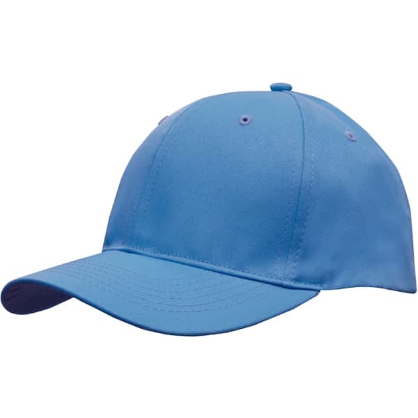 A blue breathable poly twill cap with a curved brim and a logo on the front.