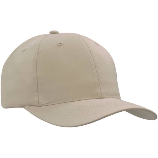 A beige breathable poly twill cap featuring a curved brim and a logo.