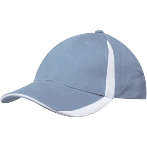 A blue brushed cotton cap with white inserts on the peak and crown, featuring a logo.