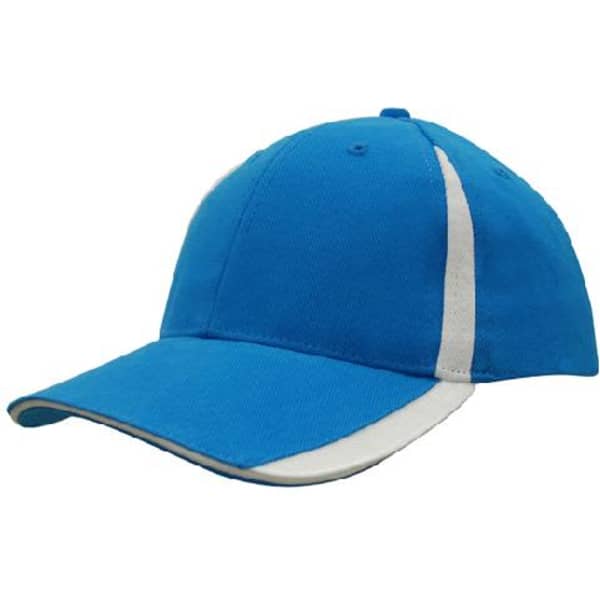 A blue cap with inserts on the peak and crown, featuring contrasting white side accents and a logo.
